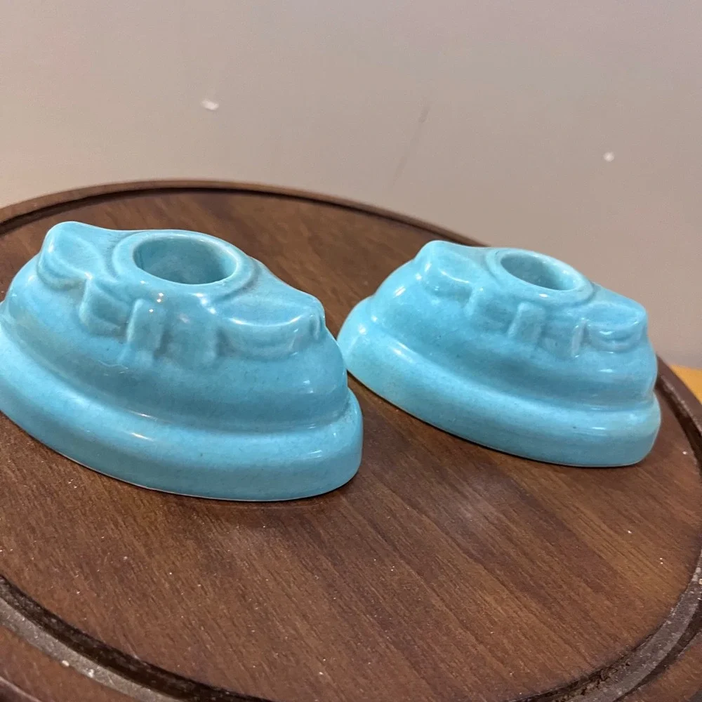 Vtg Art Pottery Aqua Blue Bow Candle Holder Set Mid Century Modern 2pc